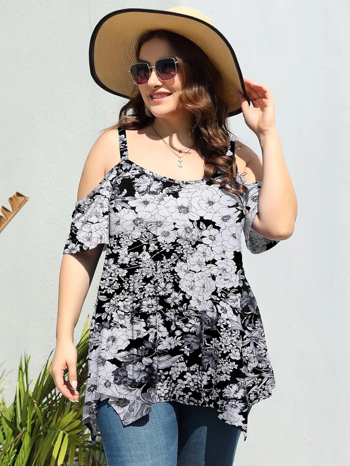 LARACE Cold Shoulder Tops for Womens Summer Clothes Spaghetti Strape Tunic Oversized Shirts Asymmetrical Plus Size Blouse