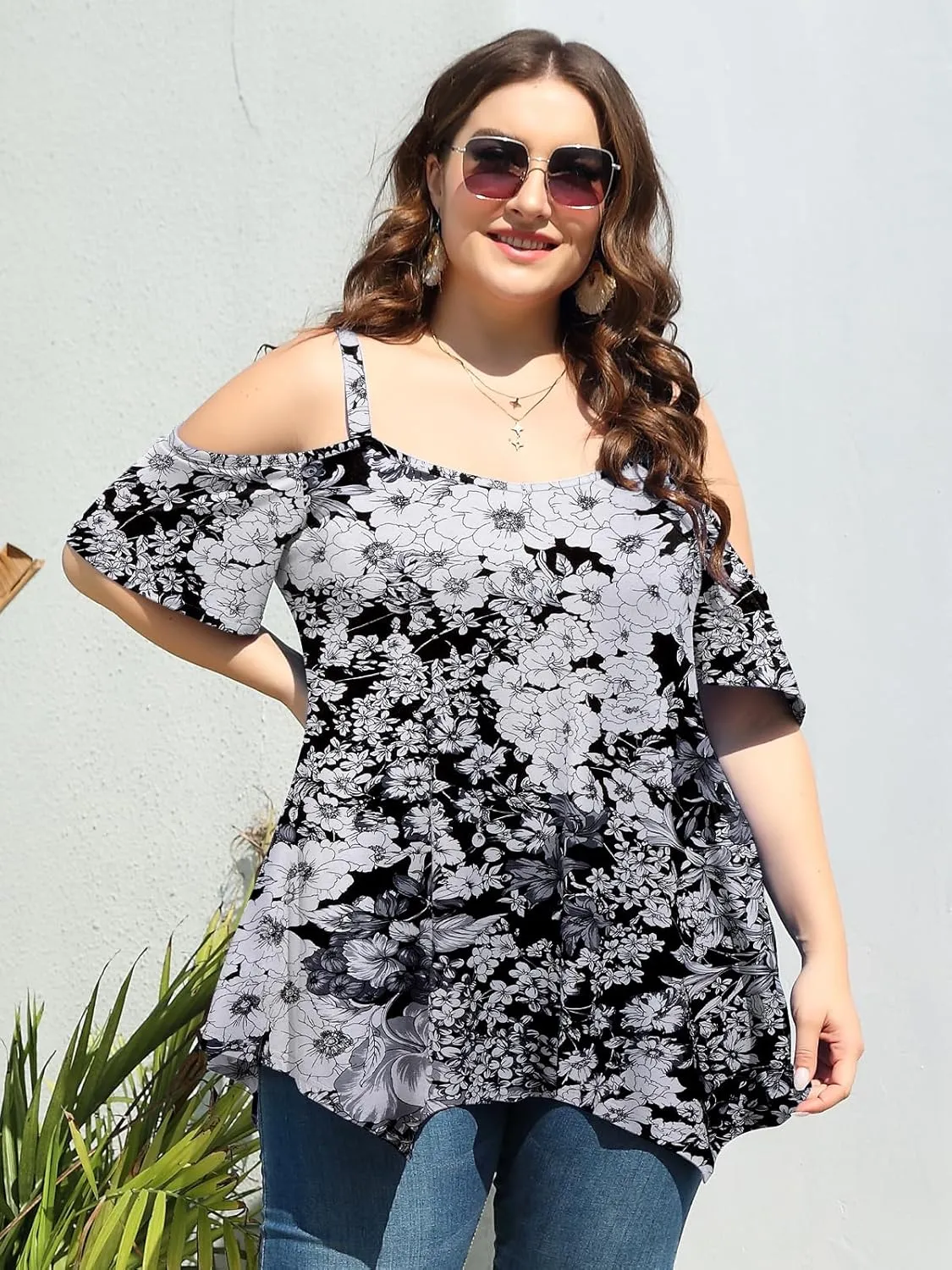 LARACE Cold Shoulder Tops for Womens Summer Clothes Spaghetti Strape Tunic Oversized Shirts Asymmetrical Plus Size Blouse
