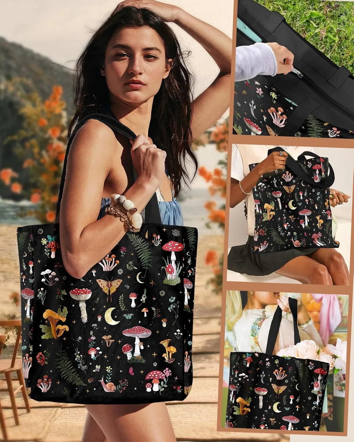 Large Canvas Tote Bag for Women - with Zipper and Inner Pocket Aesthetic Cute Shoulder Bag for Shopping Daily