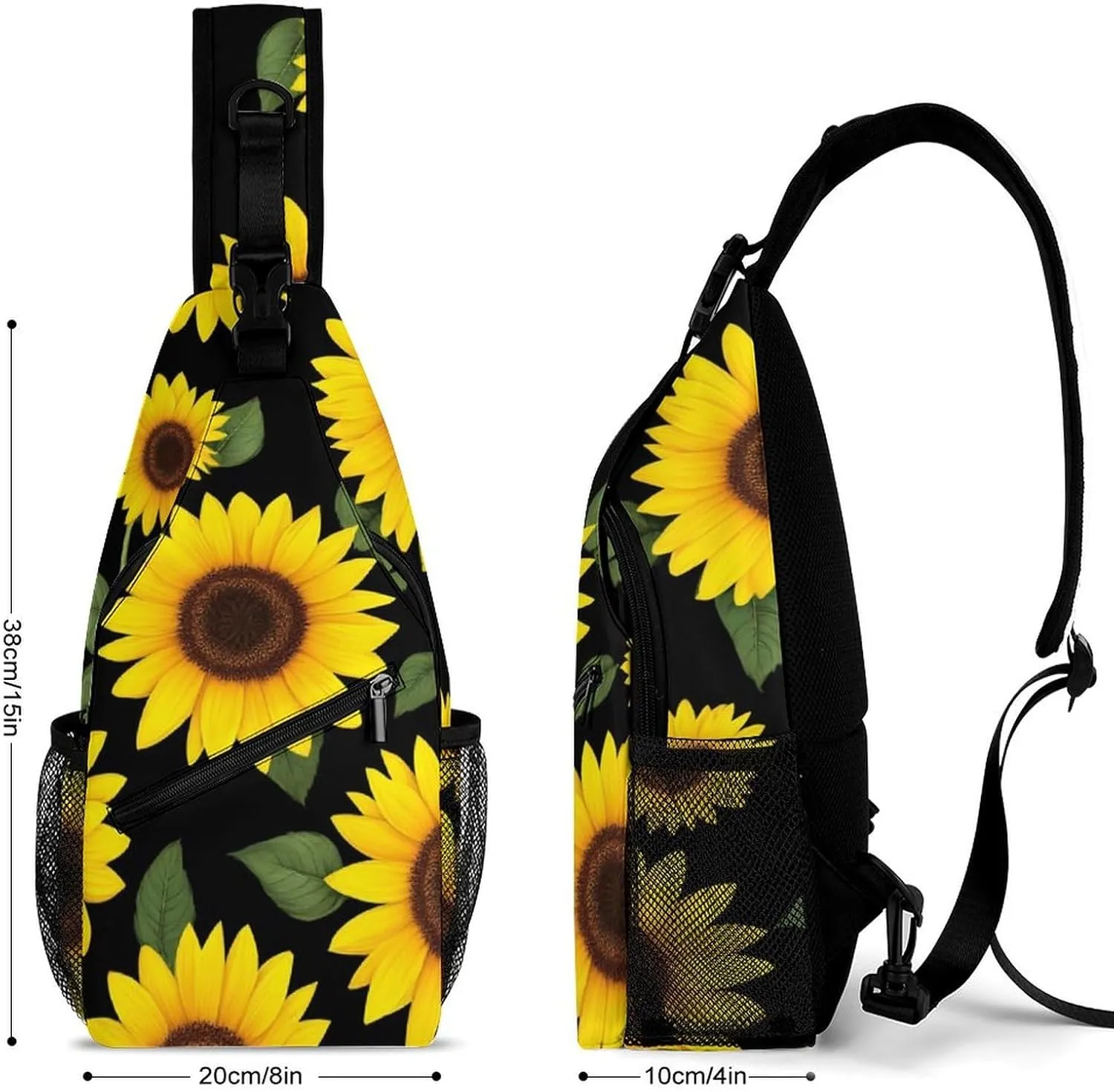 Large Capacity Floral Black Yellow Flowers Sunflower Sling Bag Chest Pack, Portable Travel Crossbody Backpack Shoulder Bag with Buckles and Pockets for Men Women