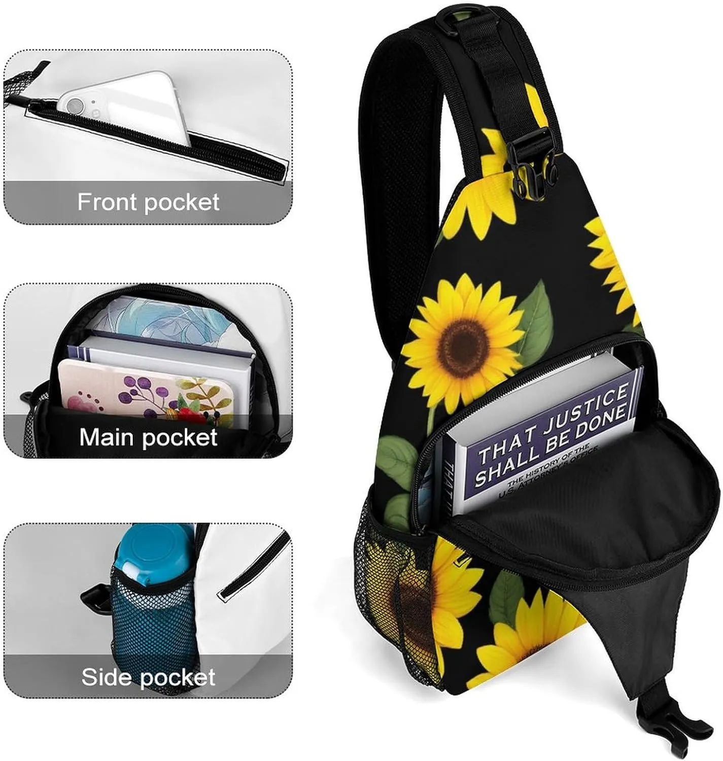 Large Capacity Floral Black Yellow Flowers Sunflower Sling Bag Chest Pack, Portable Travel Crossbody Backpack Shoulder Bag with Buckles and Pockets for Men Women