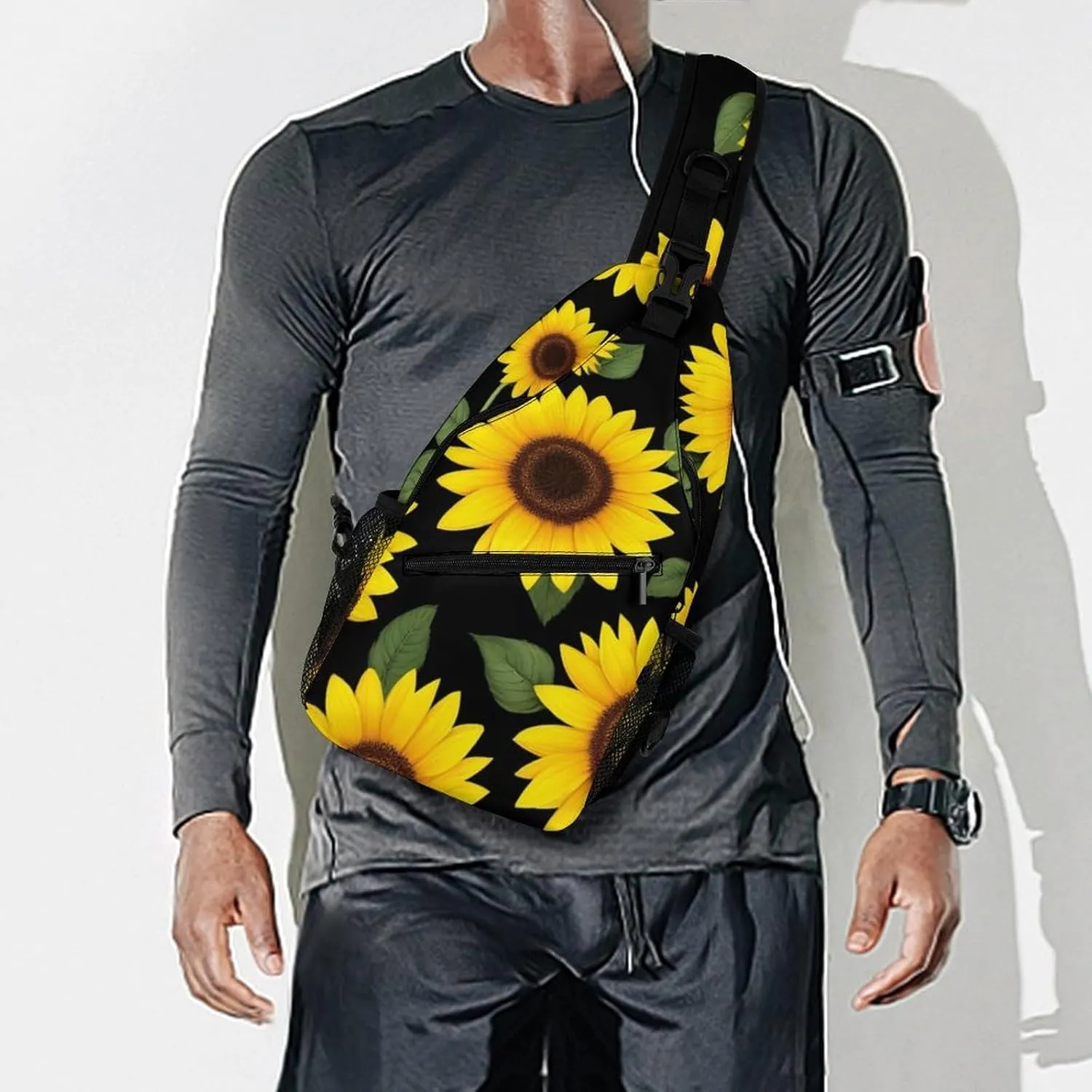Large Capacity Floral Black Yellow Flowers Sunflower Sling Bag Chest Pack, Portable Travel Crossbody Backpack Shoulder Bag with Buckles and Pockets for Men Women