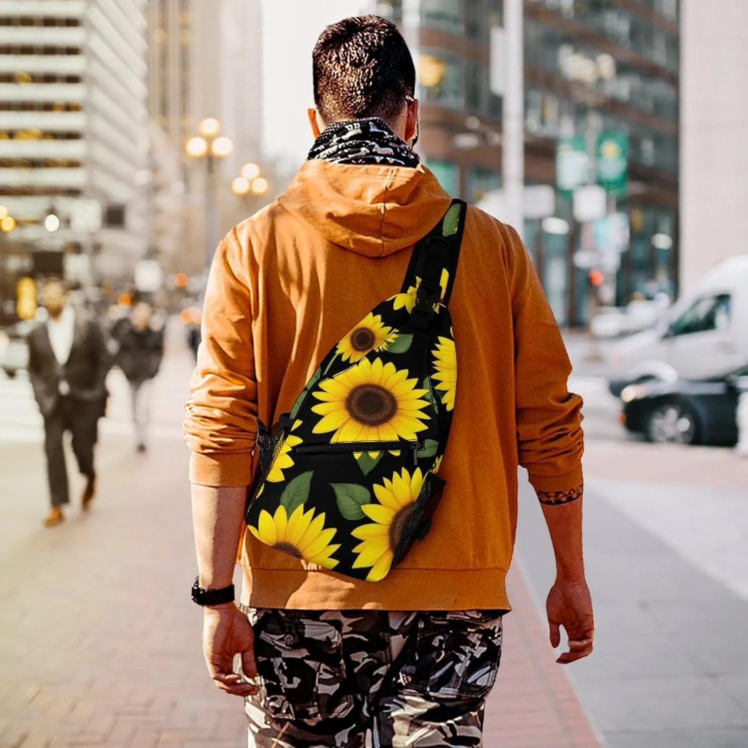 Large Capacity Floral Black Yellow Flowers Sunflower Sling Bag Chest Pack, Portable Travel Crossbody Backpack Shoulder Bag with Buckles and Pockets for Men Women