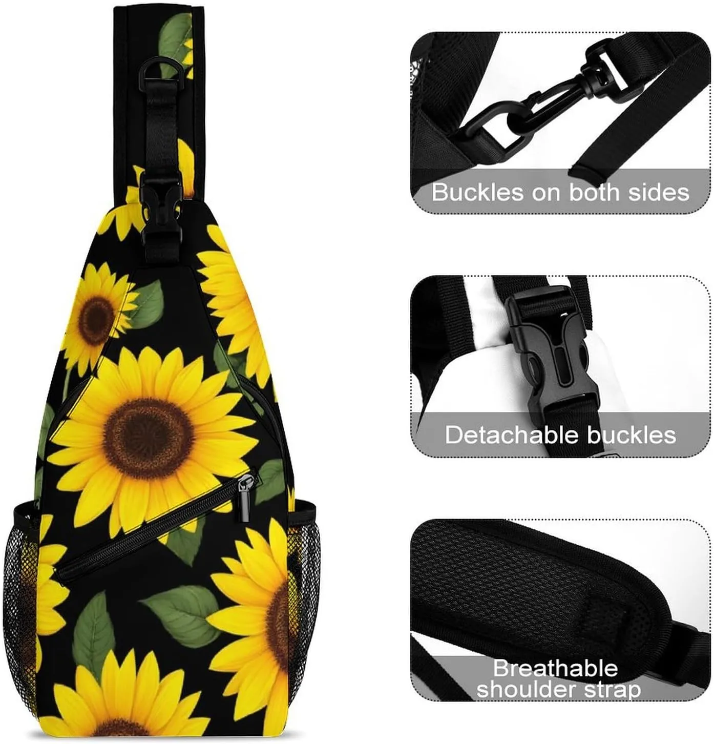 Large Capacity Floral Black Yellow Flowers Sunflower Sling Bag Chest Pack, Portable Travel Crossbody Backpack Shoulder Bag with Buckles and Pockets for Men Women