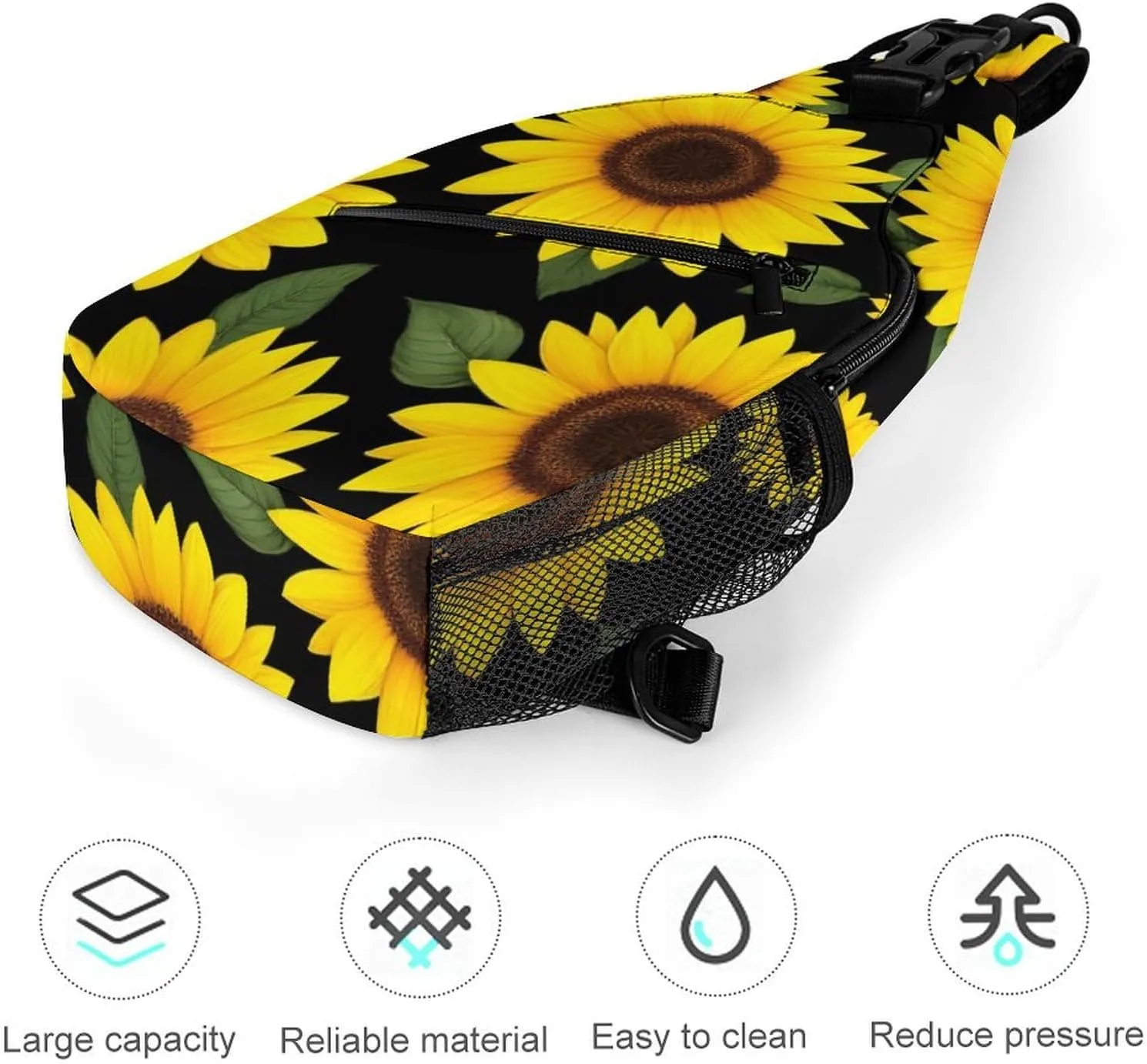 Large Capacity Floral Black Yellow Flowers Sunflower Sling Bag Chest Pack, Portable Travel Crossbody Backpack Shoulder Bag with Buckles and Pockets for Men Women