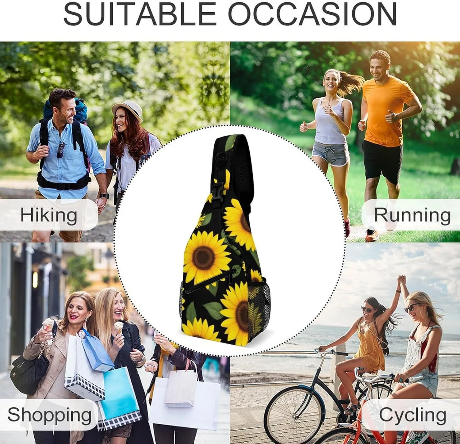 Large Capacity Floral Black Yellow Flowers Sunflower Sling Bag Chest Pack, Portable Travel Crossbody Backpack Shoulder Bag with Buckles and Pockets for Men Women