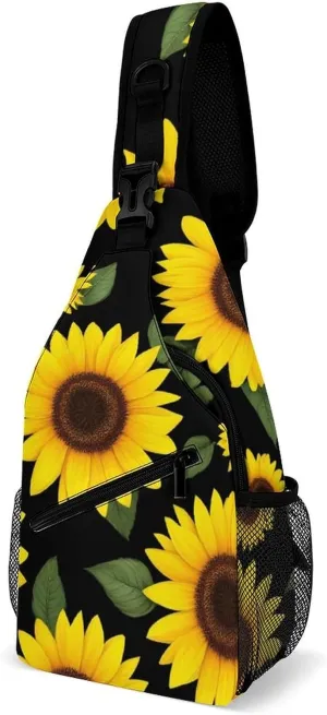 Large Capacity Floral Black Yellow Flowers Sunflower Sling Bag Chest Pack, Portable Travel Crossbody Backpack Shoulder Bag with Buckles and Pockets for Men Women