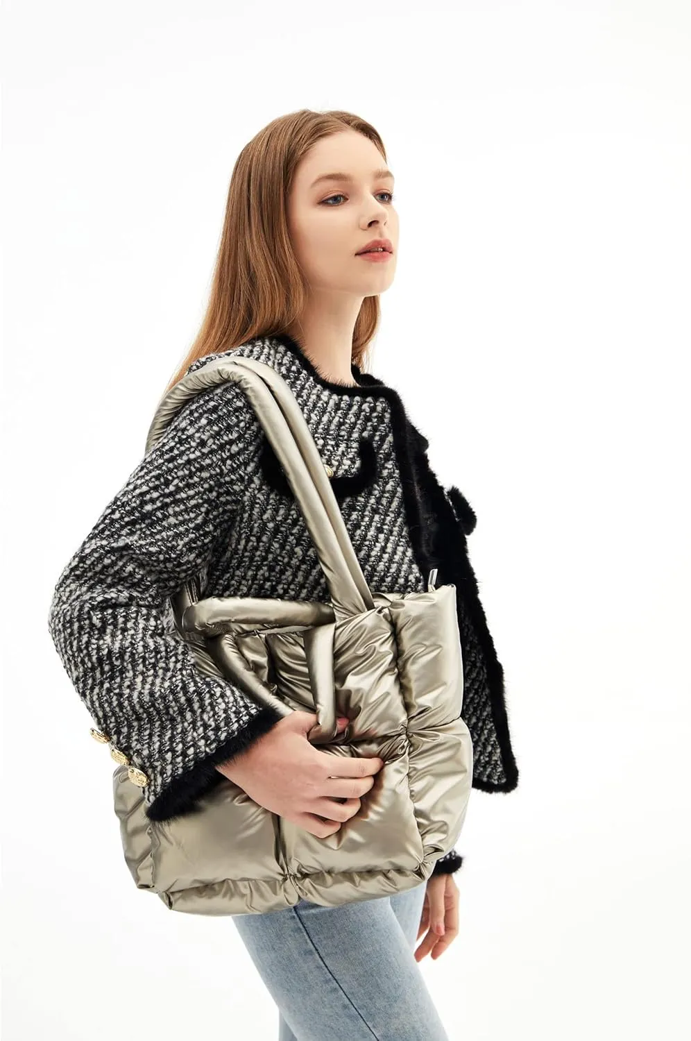 Large Puffer Tote Bag, Trendy Quilted Cotton Padded Handbags for women, Soft Shoulder Bag Nylon Down Pillow Shopper Bag