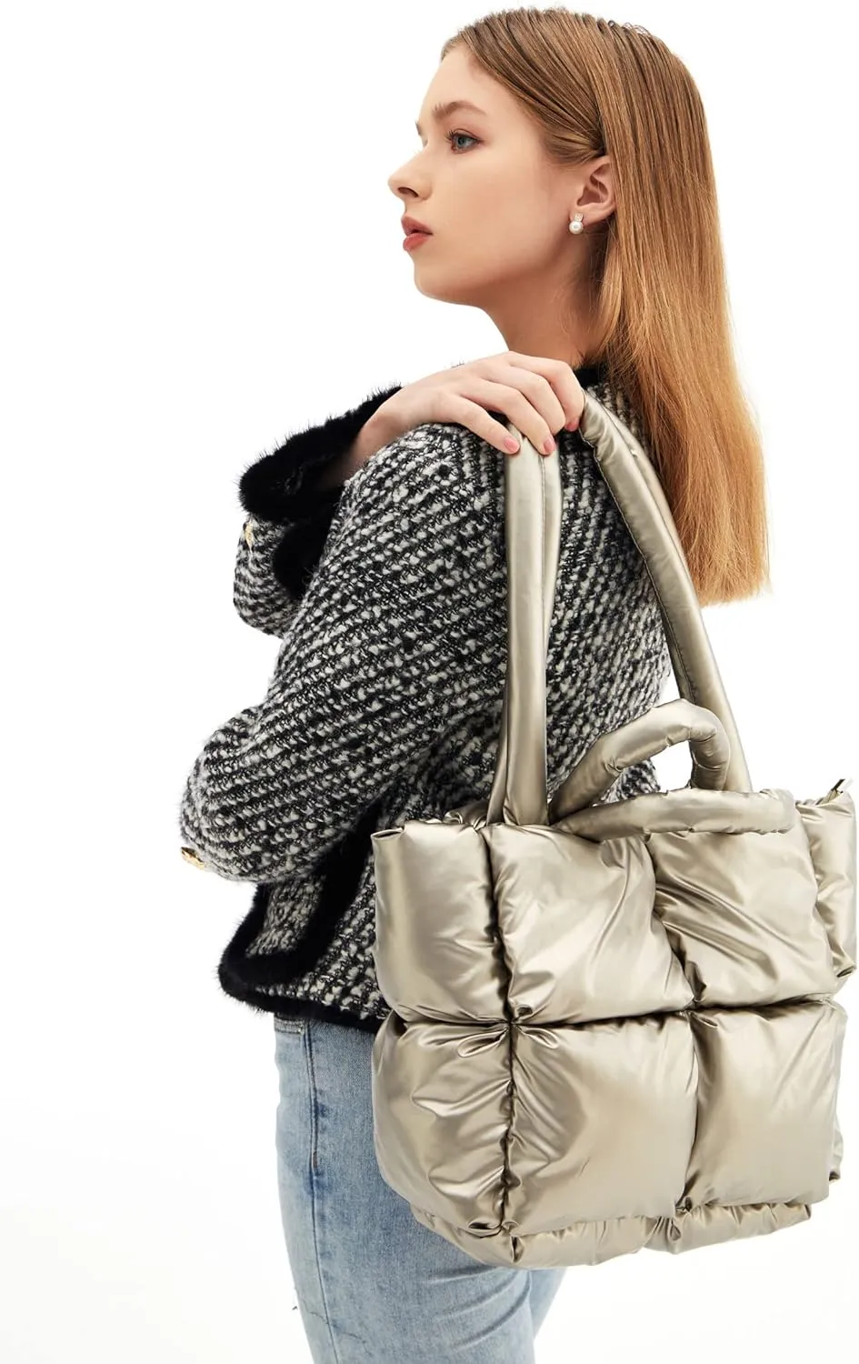 Large Puffer Tote Bag, Trendy Quilted Cotton Padded Handbags for women, Soft Shoulder Bag Nylon Down Pillow Shopper Bag