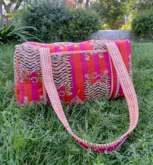 Large Size Indian Handmade Block Print Quilted Bag, Decorative Tiger Print Weekender Bags, Beautiful Colorful Travel Overnight Bags, Cotton Quilted Duffle Bags For Women Gifts