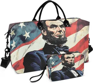 Large Travel Duffel Bag, Abraham Lincon American Flag Sport Tote Gym Bags, Shoulder Weekender Overnight Bags for Women Men, Carry On Luggage with Toiletry Bag