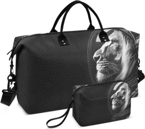 Large Travel Duffel Bag, Astronaut Lion Black White Sport Tote Gym Bag, Shoulder Weekender Overnight Bag for Women Men, Carry On Luggage with Toiletry Bag