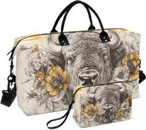 Large Travel Duffel Bag Bison Flower Sports Tote Gym Bags, Shoulder Weekender Overnight Bags for Women Men, Carry On Luggage with Toiletry Bag