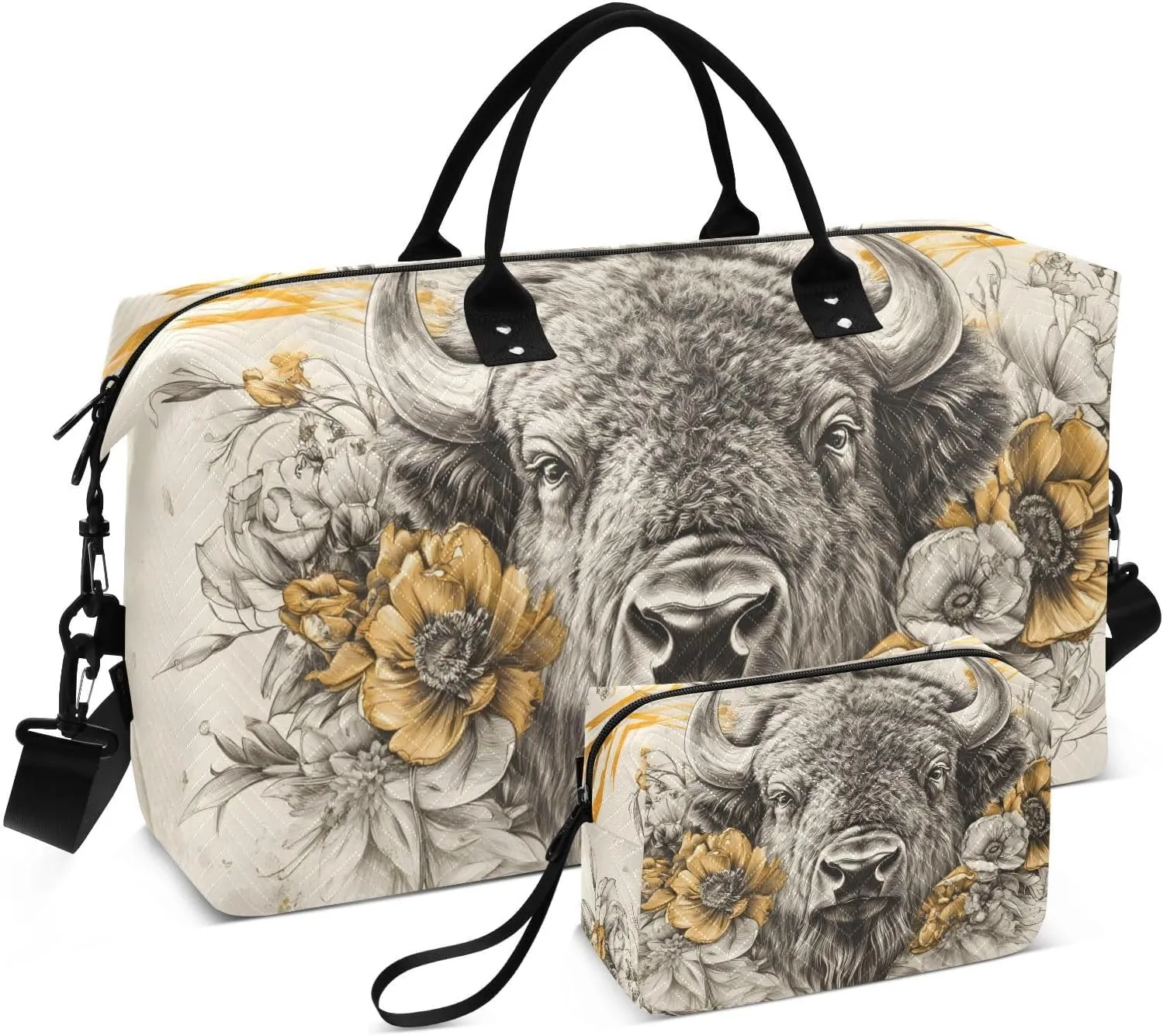 Large Travel Duffel Bag Bison Flower Sports Tote Gym Bags, Shoulder Weekender Overnight Bags for Women Men, Carry On Luggage with Toiletry Bag