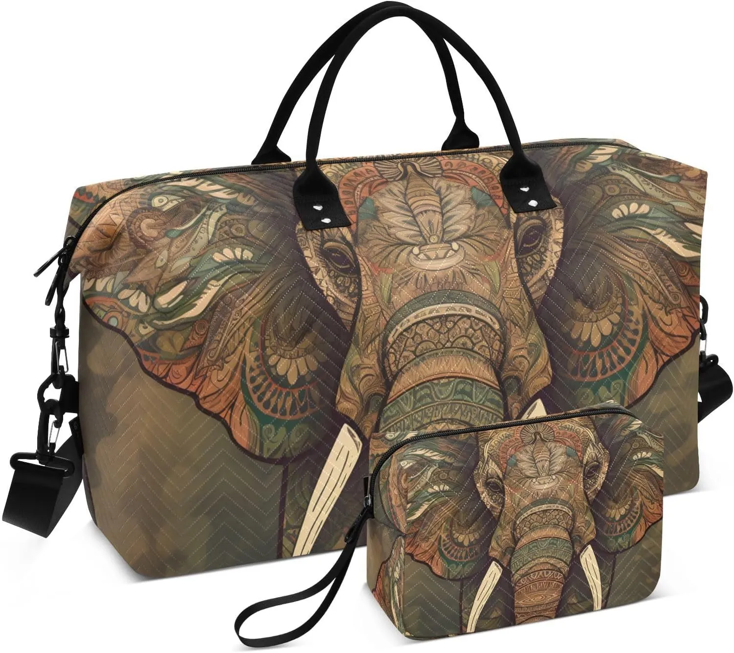 Large Travel Duffel Bag, Boho Horn Elephant Sports Tote Gym Bag, Shoulder Weekender Overnight Bag for Women Men, Carry On Luggage with Toiletry Bags