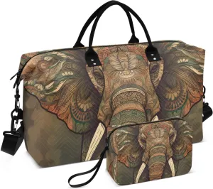 Large Travel Duffel Bag, Boho Horn Elephant Sports Tote Gym Bag, Shoulder Weekender Overnight Bag for Women Men, Carry On Luggage with Toiletry Bags