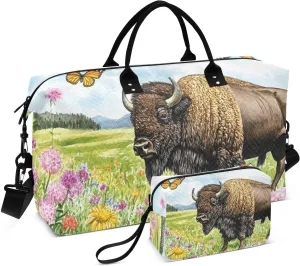 Large Travel Duffel Bag, Butterfly Bison Wildflower Sport Tote Gym Bag, Shoulder Weekender Overnight Bag for Women Men, Carry On Luggage with Toiletry Bag