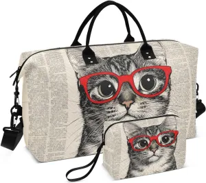 Large Travel Duffel Bag, Cat Glasses Red Paper Sport Tote Gym Bags, Shoulder Weekender Overnight Bags for Women Men, Carry On Luggage with Toiletry Bag