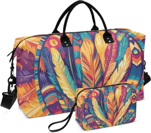 Large Travel Duffel Bag, Circle Feather Orange Sport Tote Gym Bag, Shoulder Weekender Overnight Bag for Women Men, Carry On Luggage with Toiletry Bag