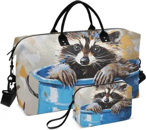 Large Travel Duffel Bag, Cute Raccoon Blue Basket Sport Tote Gym Bag, Shoulder Weekender Overnight Bag for Women Men, Carry On Luggage with Toiletry Bag