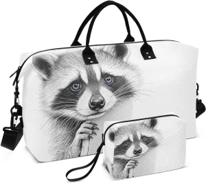 Large Travel Duffel Bag, Cute Raccoon Blue Eyes Sport Tote Gym Bag, Shoulder Weekender Overnight Bag for Women Men, Carry On Luggage with Toiletry Bag