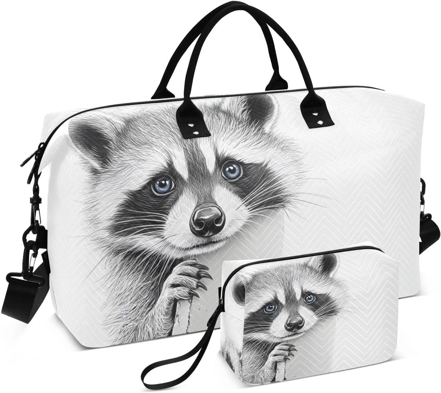Large Travel Duffel Bag, Cute Raccoon Blue Eyes Sport Tote Gym Bag, Shoulder Weekender Overnight Bag for Women Men, Carry On Luggage with Toiletry Bag