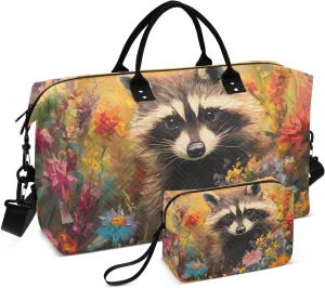 Large Travel Duffel Bag, Cute Raccoon Colorful Florals Sport Tote Gym Bag, Shoulder Weekender Overnight Bag for Women Men, Carry On Luggage with Toiletry Bag