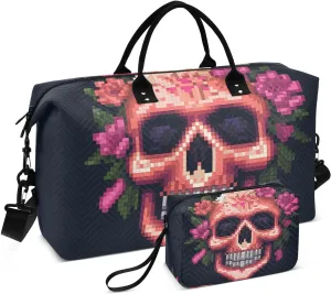 Large Travel Duffel Bag, Low Resolution Skull Sports Tote Gym Bag, Shoulder Weekender Overnight Bag for Women Men, Carry On Luggage with Toiletry Bags