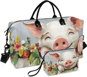 Large Travel Duffel Bag, Pig Cute Fence Sport Tote Gym Bags, Shoulder Weekender Overnight Bags for Women Men, Carry On Luggage with Toiletry Bag