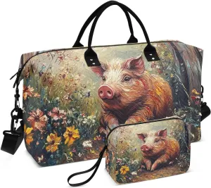 Large Travel Duffel Bag, Pig Cute Garden Sport Tote Gym Bags, Shoulder Weekender Overnight Bags for Women Men, Carry On Luggage with Toiletry Bag