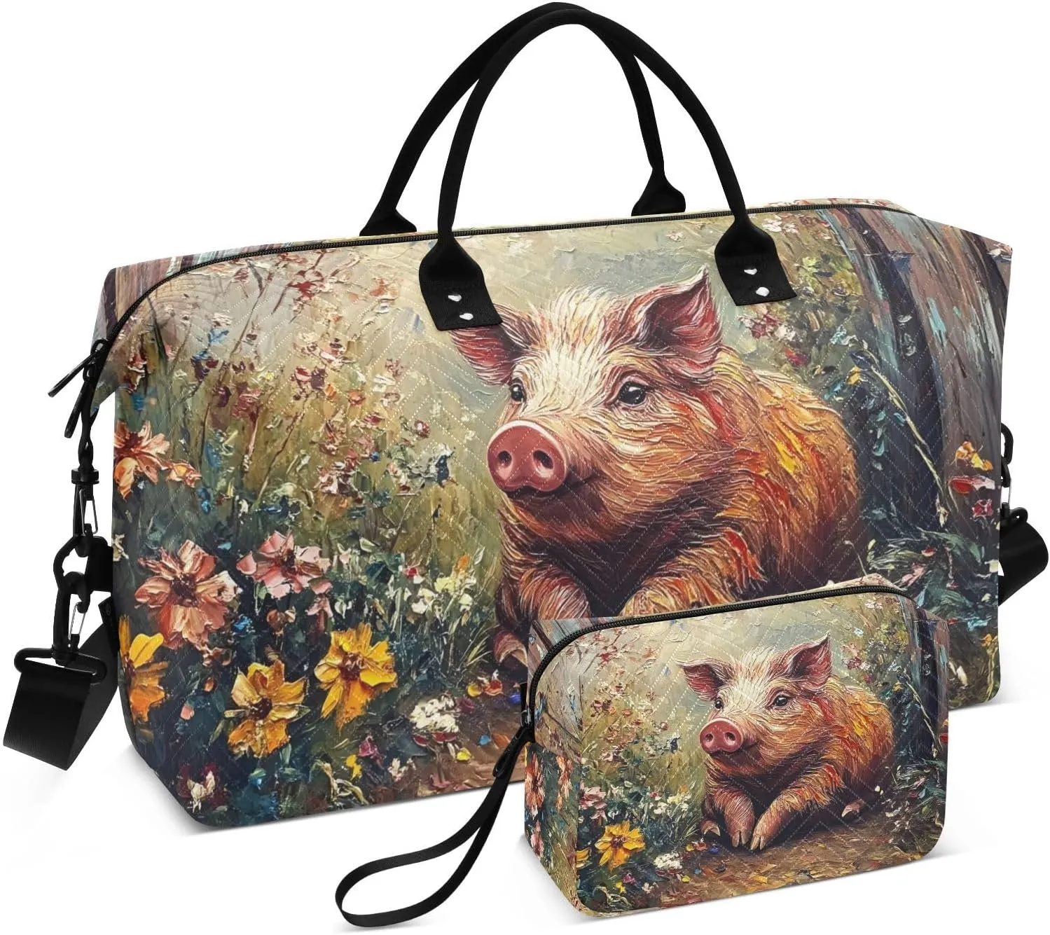 Large Travel Duffel Bag, Pig Cute Garden Sport Tote Gym Bags, Shoulder Weekender Overnight Bags for Women Men, Carry On Luggage with Toiletry Bag
