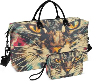 Large Travel Duffel Bag, Portrait Cat Abstruct Angry Sport Tote Gym Bag, Shoulder Weekender Overnight Bag for Women Men, Carry On Luggage with Toiletry Bag