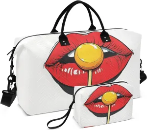 Large Travel Duffel Bag, Red Lip Yellow Candy Sport Tote Gym Bag, Shoulder Weekender Overnight Bag for Women Men, Carry On Luggage with Toiletry Bag
