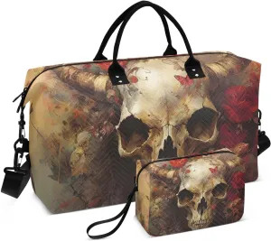 Large Travel Duffel Bag, Red Rose and Skull Horn Sport Tote Gym Bag, Shoulder Weekender Overnight Bag for Women Men, Carry On Luggage with Toiletry Bag
