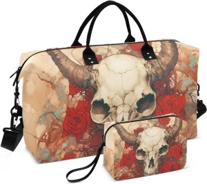 Large Travel Duffel Bag, Red Rose Skull Horn Butterfly Sport Tote Gym Bag, Shoulder Weekender Overnight Bag for Women Men, Carry On Luggage with Toiletry Bag
