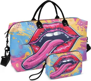 Large Travel Duffel Bag, Retro Colorful- Lips Mouth Sport Tote Gym Bag, Shoulder Weekender Overnight Bag for Women Men, Carry On Luggage with Toiletry Bag