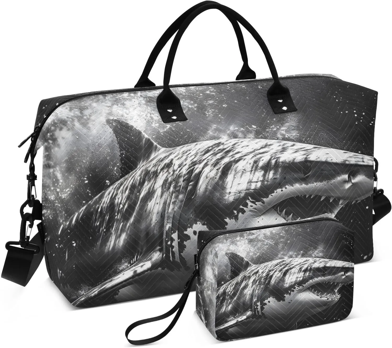 Large Travel Duffel Bag, Scary Shark Attack Sports Tote Gym Bag, Shoulder Weekender Overnight Bag for Women Men, Carry On Luggage with Toiletry Bags