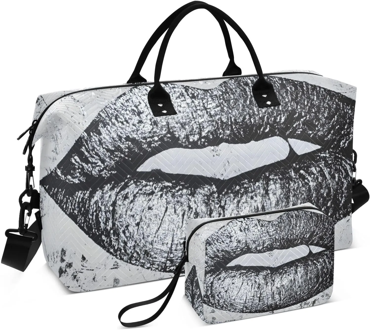 Large Travel Duffel Bag, Silver Lip Abstract Sport Tote Gym Bag, Shoulder Weekender Overnight Bag for Women Men, Carry On Luggage with Toiletry Bag