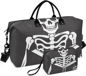Large Travel Duffel Bag, Skeleton Read Book Funny Sport Tote Gym Bag, Shoulder Weekender Overnight Bag for Women Men, Carry On Luggage with Toiletry Bag