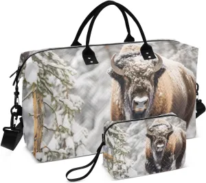 Large Travel Duffel Bag, Snow Bison Forest Sport Tote Gym Bag, Shoulder Weekender Overnight Bag for Women Men, Carry On Luggage with Toiletry Bag