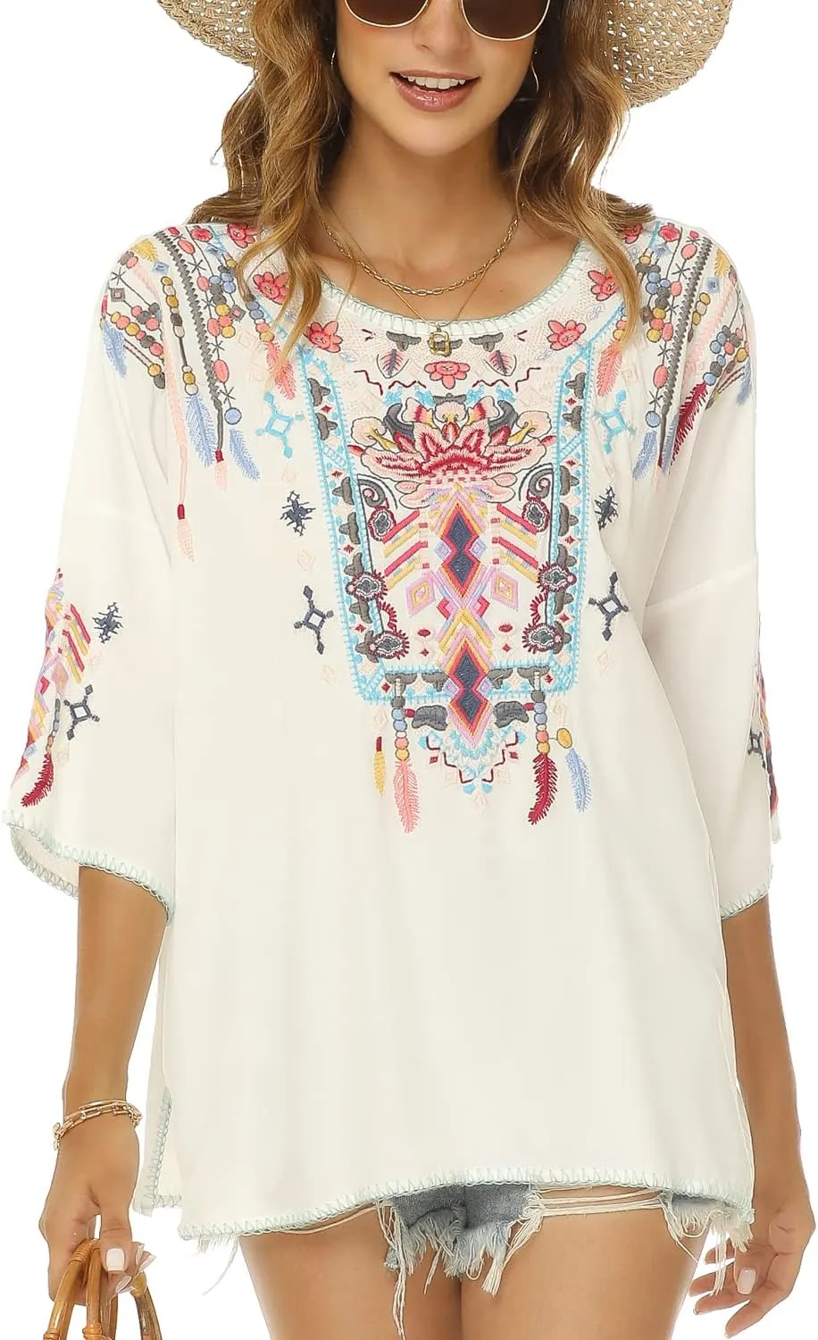 LauraKlein Women Mexican Embroidered Shirt for Women Bohemian Style Top Blouse 3/4 Sleeve Summer Casual Tunics