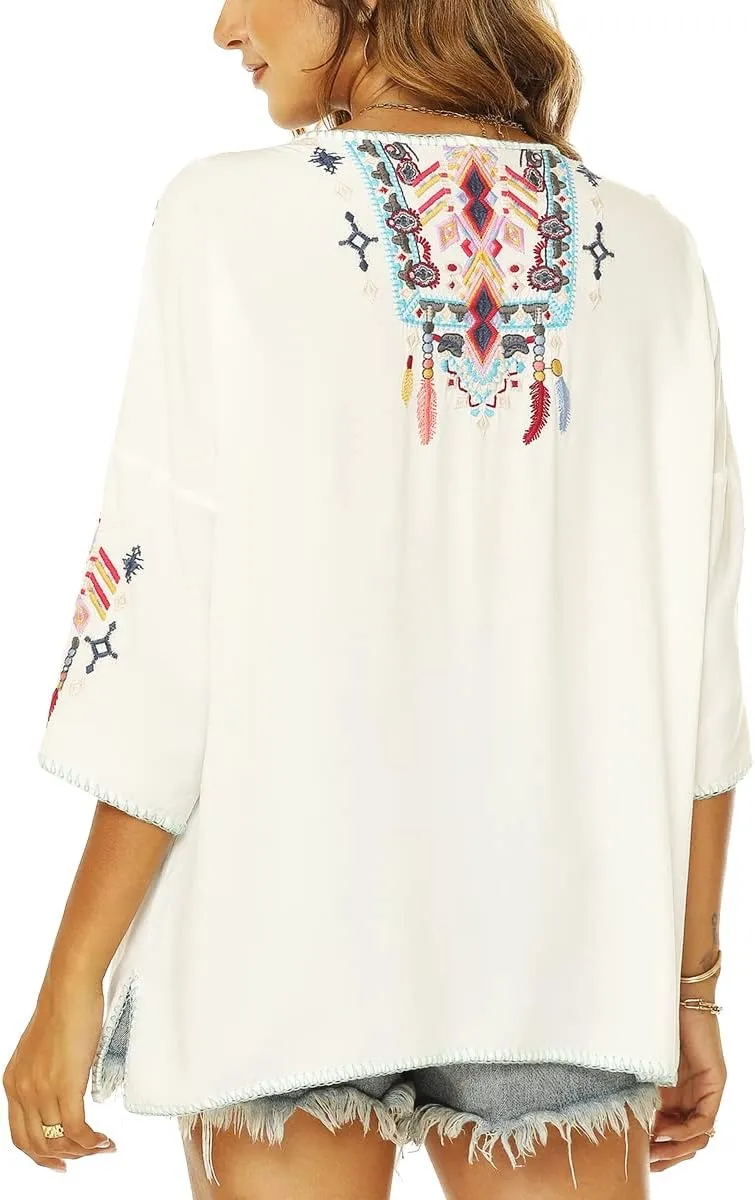 LauraKlein Women Mexican Embroidered Shirt for Women Bohemian Style Top Blouse 3/4 Sleeve Summer Casual Tunics