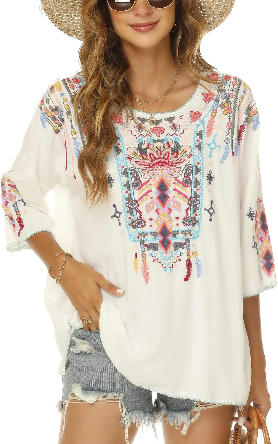 LauraKlein Women Mexican Embroidered Shirt for Women Bohemian Style Top Blouse 3/4 Sleeve Summer Casual Tunics