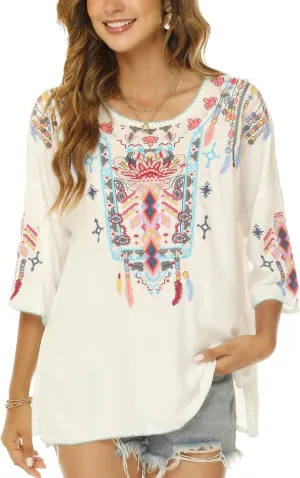 LauraKlein Women Mexican Embroidered Shirt for Women Bohemian Style Top Blouse 3/4 Sleeve Summer Casual Tunics