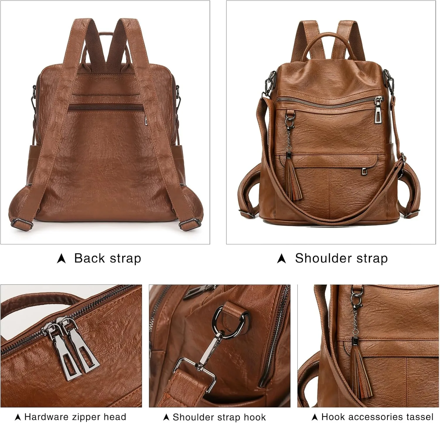 Leather Backpack Purse for Women Fashion PU Designer Large Shoulder Bag Designer Tassel Rucksack Ladies Tote Handbag