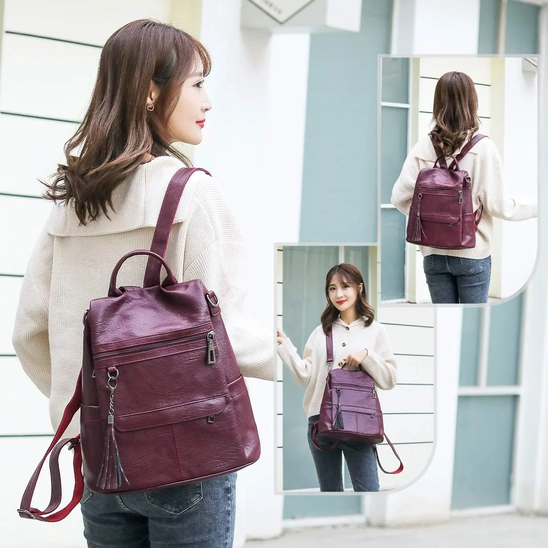 Leather Backpack Purse for Women Fashion PU Designer Large Shoulder Bag Designer Tassel Rucksack Ladies Tote Handbag