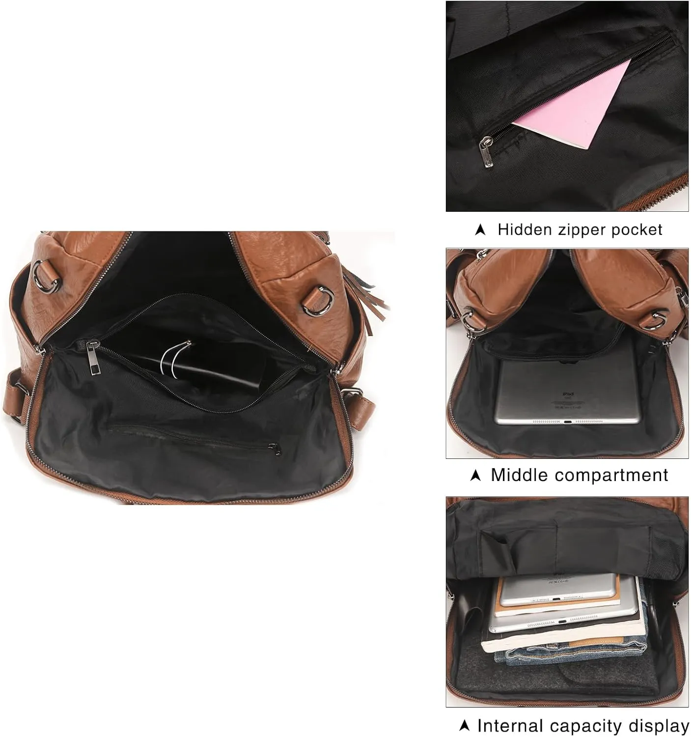 Leather Backpack Purse for Women Fashion PU Designer Large Shoulder Bag Designer Tassel Rucksack Ladies Tote Handbag
