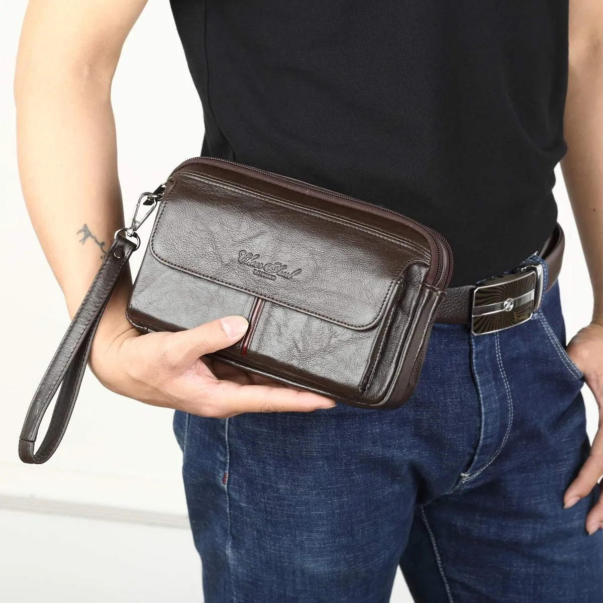 Leather Clutch Purse Wallet for Men Handbags Business Organizer Phone Holder Wrist Bag