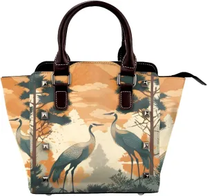 Leather Shoulder Bag for Women, Chinese Pine Trees And Crane Flying Studded Purse Japanese Crane Crossbody Handbags Punk Hobo Bag with Adjustable Strap