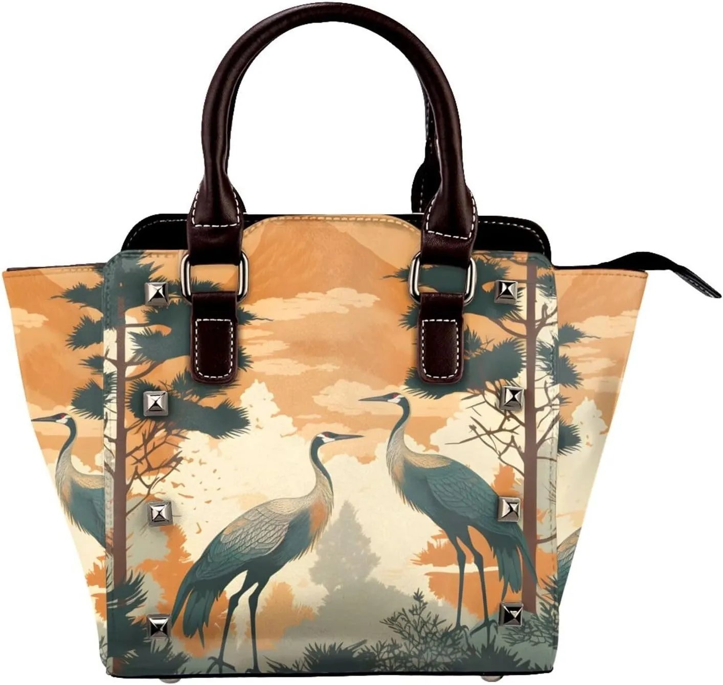 Leather Shoulder Bag for Women, Chinese Pine Trees And Crane Flying Studded Purse Japanese Crane Crossbody Handbags Punk Hobo Bag with Adjustable Strap